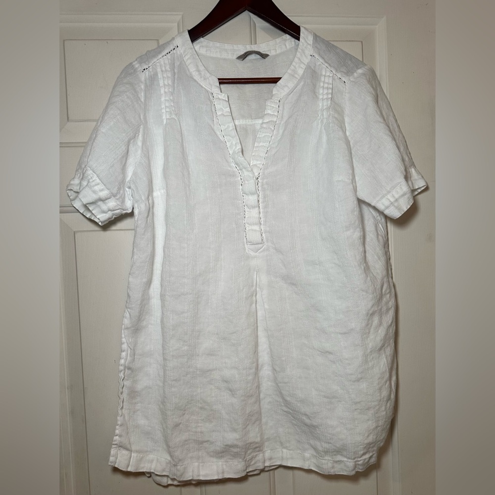 M&S Collection White 100% Linen Flax Short‎ Sleeve Blouse Tunic Top Size UK 16.